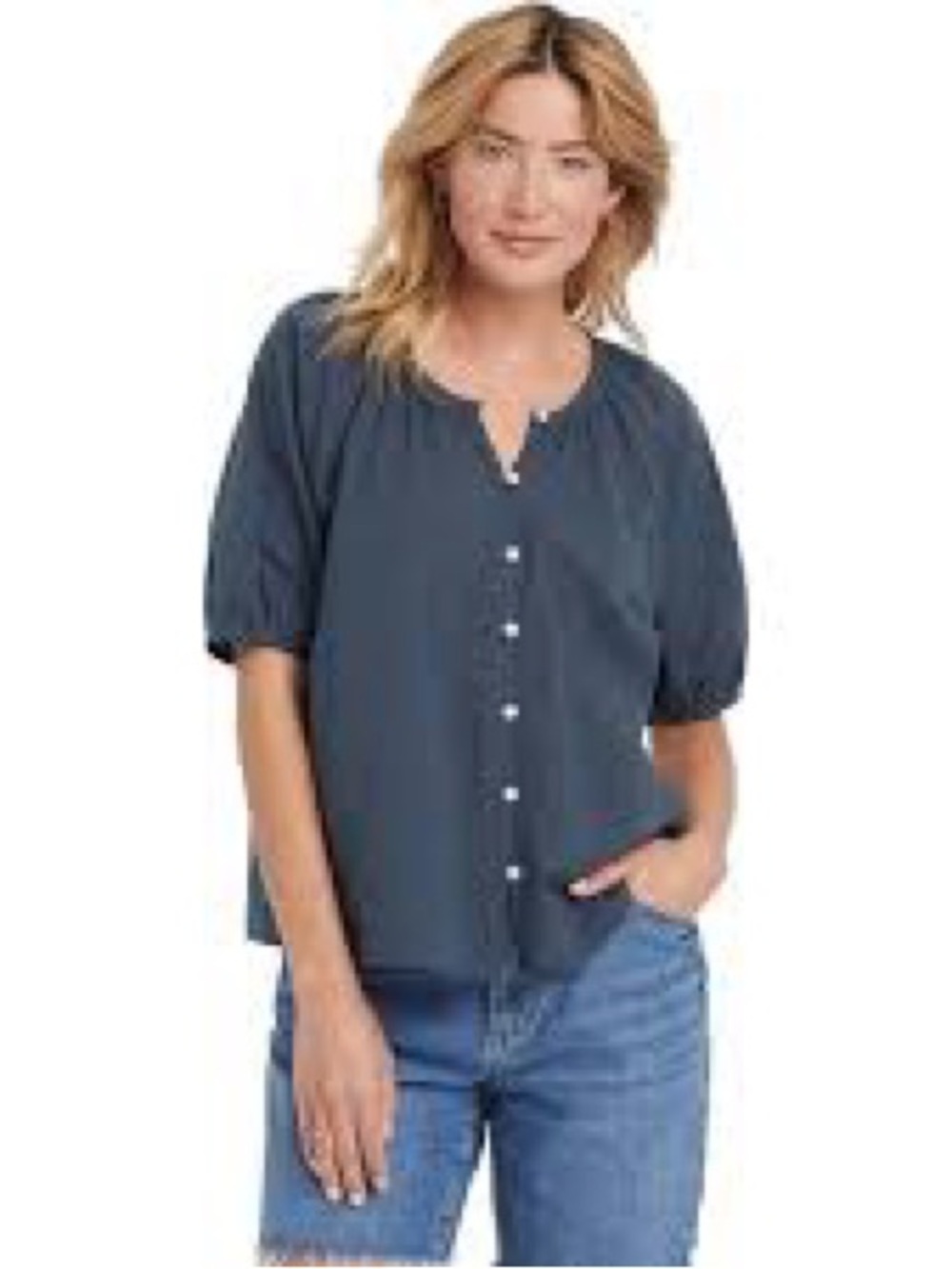 Universal Thread Slate Blue Button-Front Puff Sleeve 100% Cotton Top